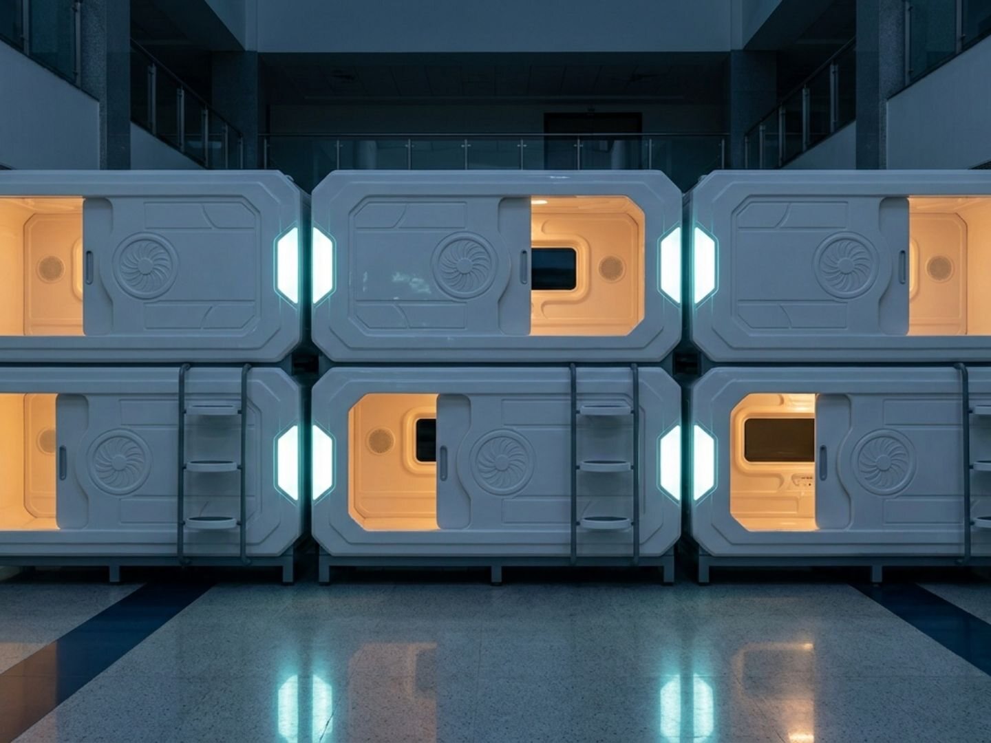 A cluster of Nivo Care rest pods inside a hospital corridor in the evening