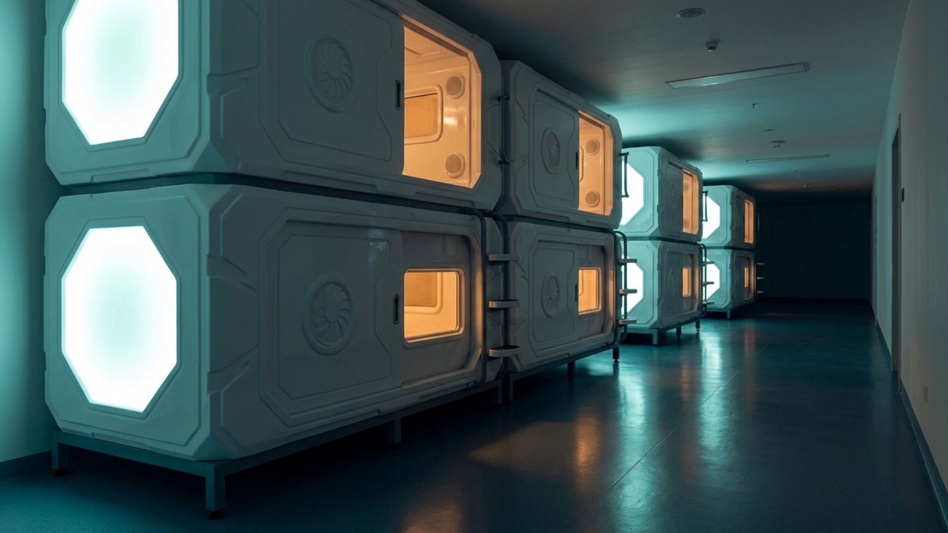 Night: Nivo pods in use with the corridor lights low